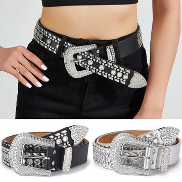 Women's Jeans Rhinestone Large Waistband Western Jeans Shiny Rivet Design PU Leather Artificial Rhinestone Waistband Hip Hop Pun