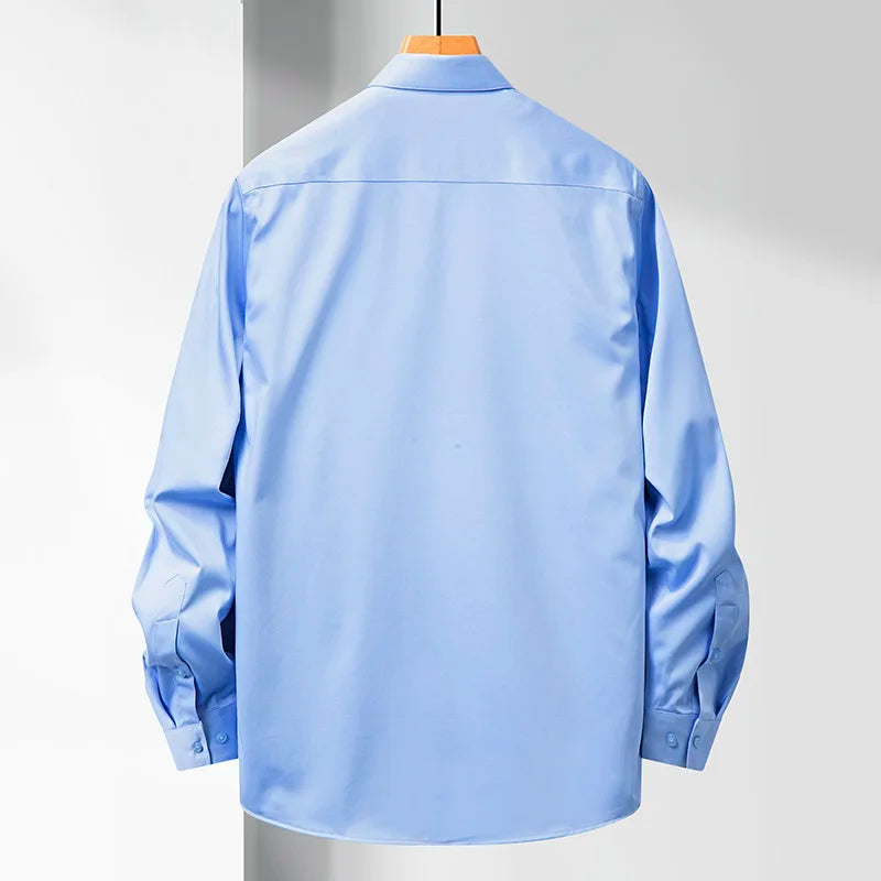 38-50 size no-iron business casual men's long-sleeved shirt, bamboo fiber no-pocket large size solid color shirt