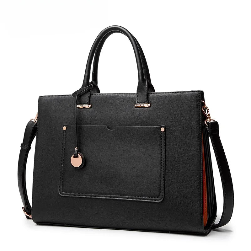 Ladies' fashionable business briefcase with multiple compartments that can be set for travel with a drawstring tote bag