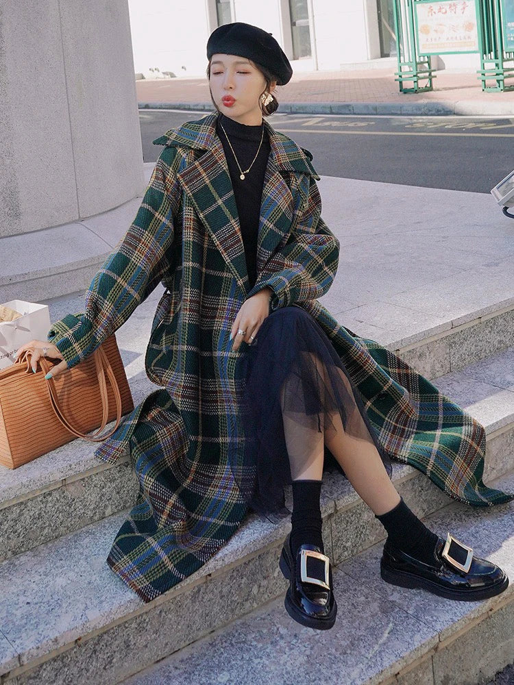 Vintage Plaid Tweed Long Woolen Coats Women Winter New Loose Wool Blend Thicken Jackets Korean Warm Cotton Padded Lined Casacos