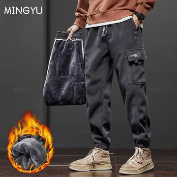 Winter Men's Fleece Warm Cargo Corduroy Pants Jogging Sweatpants Work Y2k Korean Pants Loose Harem Casual Trousers for Men