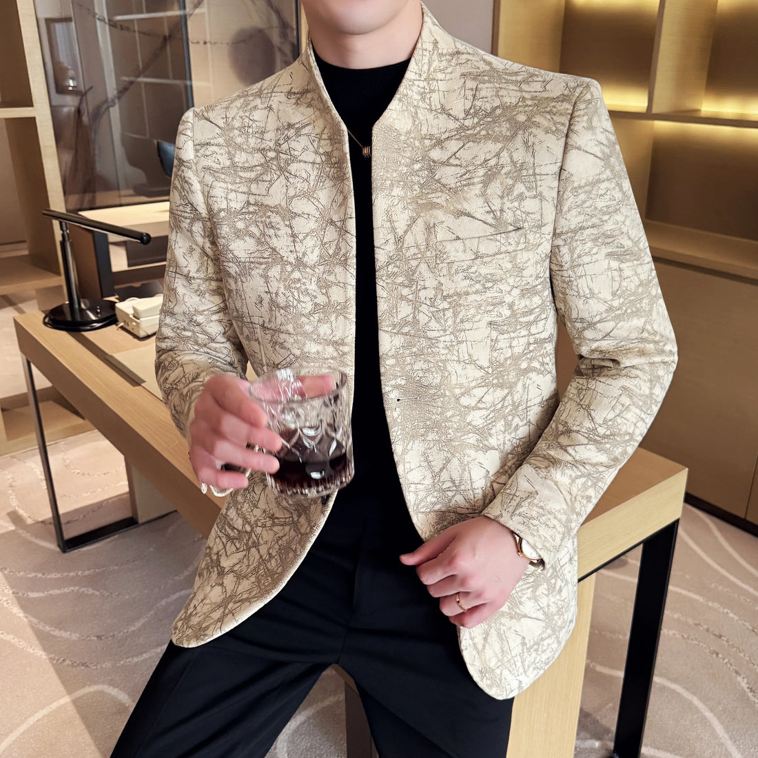 High-quality Chinese-style stand-up collar jacquard fashionable and stylish casual suit jacket for men, Korean-style slim-fit su
