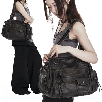 Women's fashion retro Y2K hot girl motorcycle bag large capacity washed distressed shoulder messenger bag