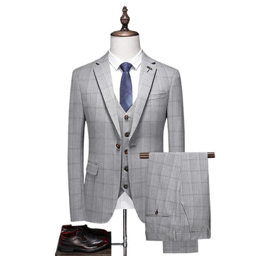 Business Casual Plaid (suit + Vest + Trousers) High-end Fashion Handsome Button Suit Korean Version Slim-fit Three-piece Set