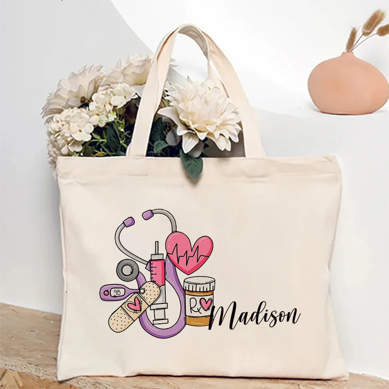 Stethoscope Medical Device Customized Canvas Shoulder Bag Travel Storage Handbag Personalized Name Tote Bag Doctor Nurse Gifts