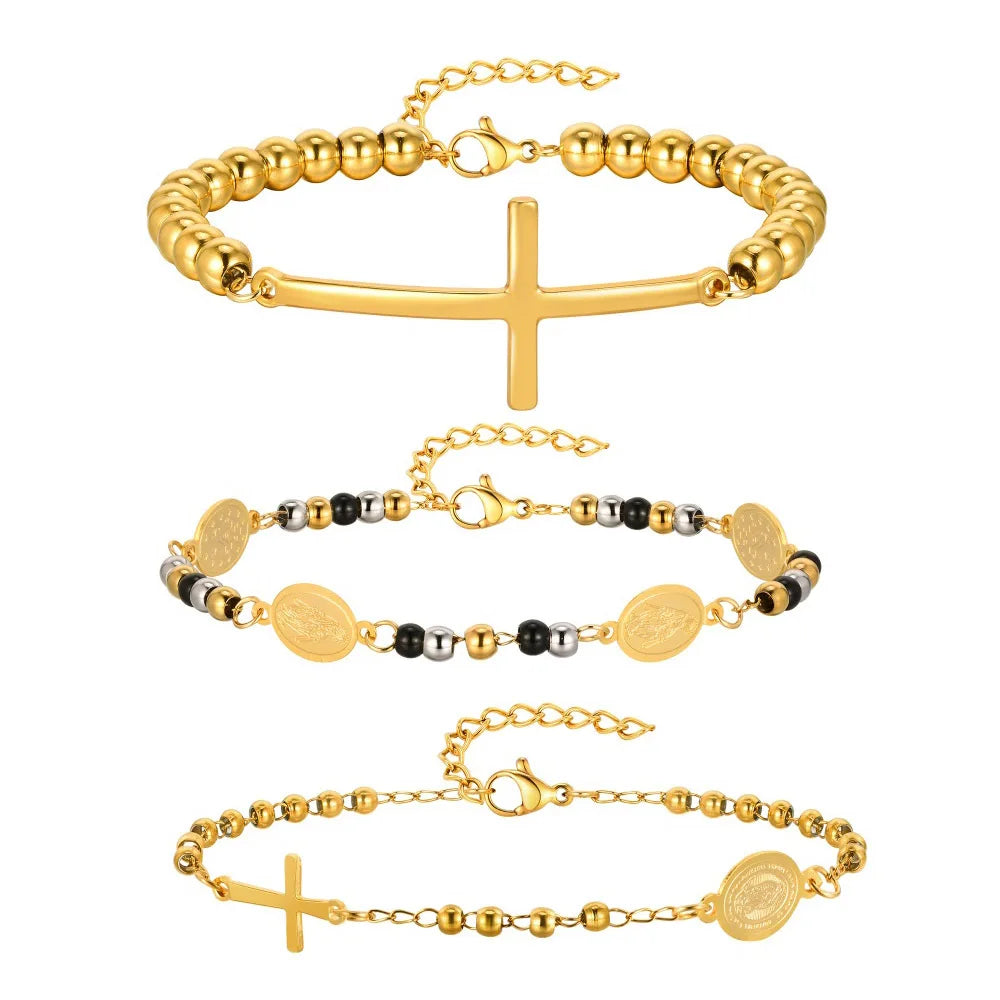 Beads Chain Virgin Mary Bracelet For Women, Stainles Steel Rosary Cross Bracelets, Gold Plated Faith Jewelry Gift