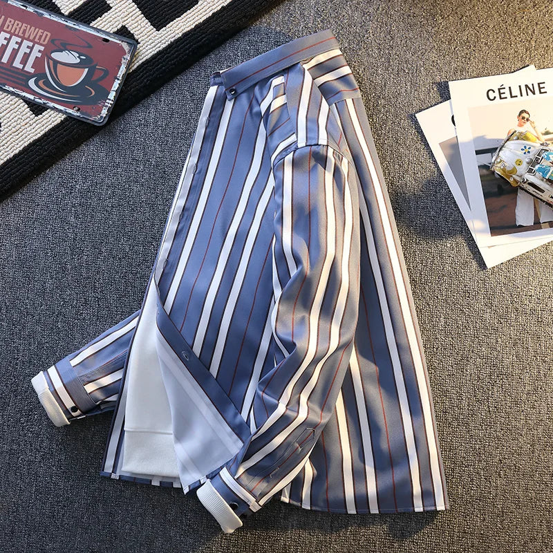 High-quality new men's fashionable, stylish, versatile, trendy, casual, business banquet striped long-sleeved shirt