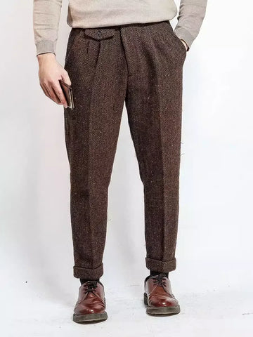 2025 Autumn Winter Men Retro Fashion Pockets Wool Pant Men's Long Woolen Straight Trousers Male Loose Thick Warm Pants F327