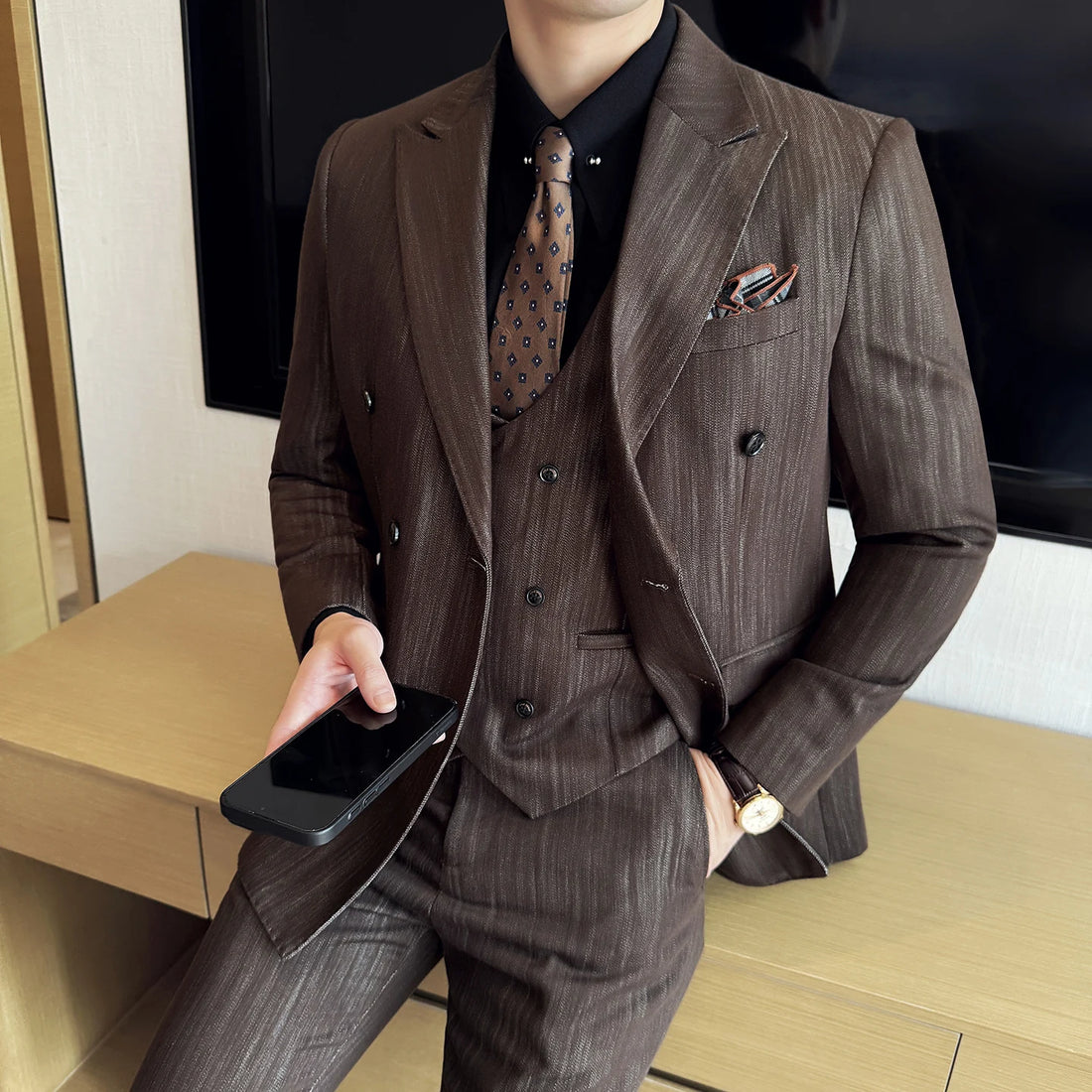 High-end men's fashionable and stylish banquet business casual suit, Korean-style slim striped suit three-piece set