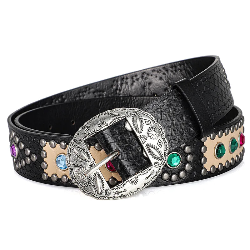 Women's Fashion Vintage Carved Buckle Sparkling Belt Western Denim Shiny Rivet Designer Rhinestone Accessory Belts，For Men Women