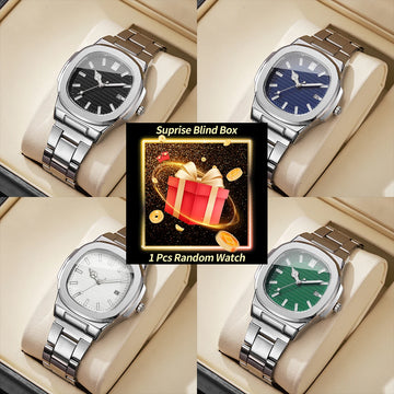 1PC Surprise Watch Mystery Box-Fashion Square Men Business Watches Stainless Steel Calendar Quartz Watch （Without Box）