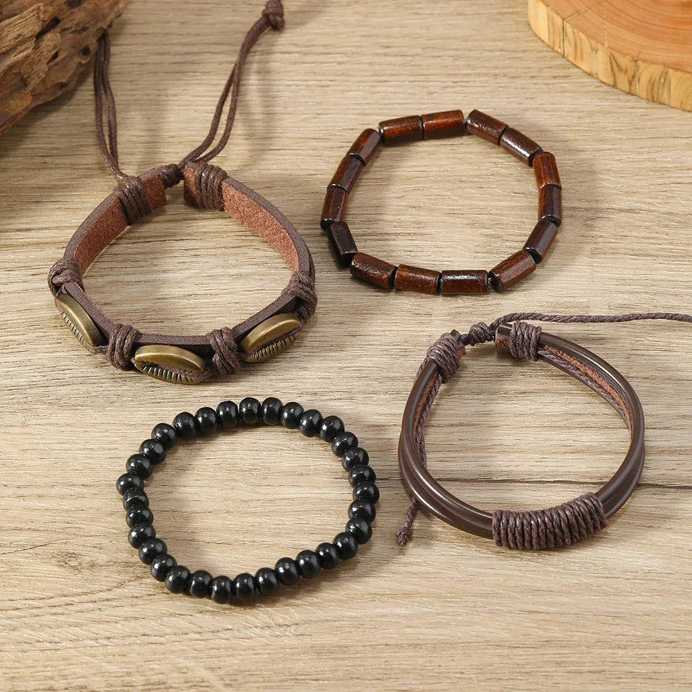 Retro Alloy Shell Multilayer Wood Beads Handmade Weaving Leather Bracelet Bohemian Men Bracelet Set Hip Hop Jewelry Accessories