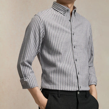 Autumn new high-quality, fashionable, stylish, versatile and casual striped double-sided brushed men's long-sleeved shirt