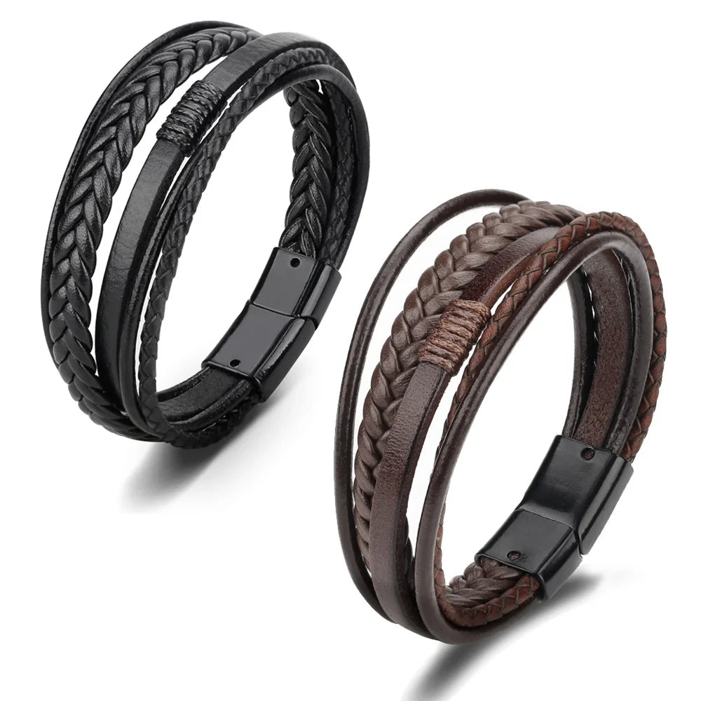 Trendy Leather Bracelets Men Stainless Steel Multilayer Braided Rope Bracelets For Male Bracelets Jewelry Pulsera Hombre