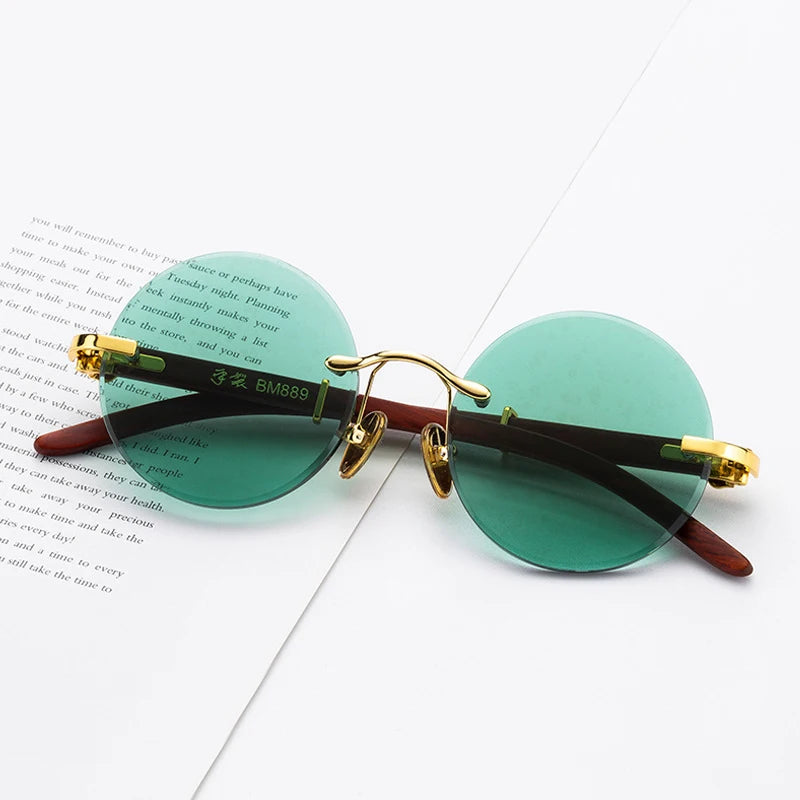 Natural Crystal Green Sunglasses Mineral Lens Woman Round Rimless Glass Sunglasses Man Luxury Vintage Wooden Frame Anti Scratch