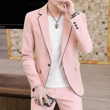 Autumn Mens Slim Fit Korean Style Business Suit Two-Piece Set Solid Color Fashionable And Handsome Trendy Hairstylist Collection