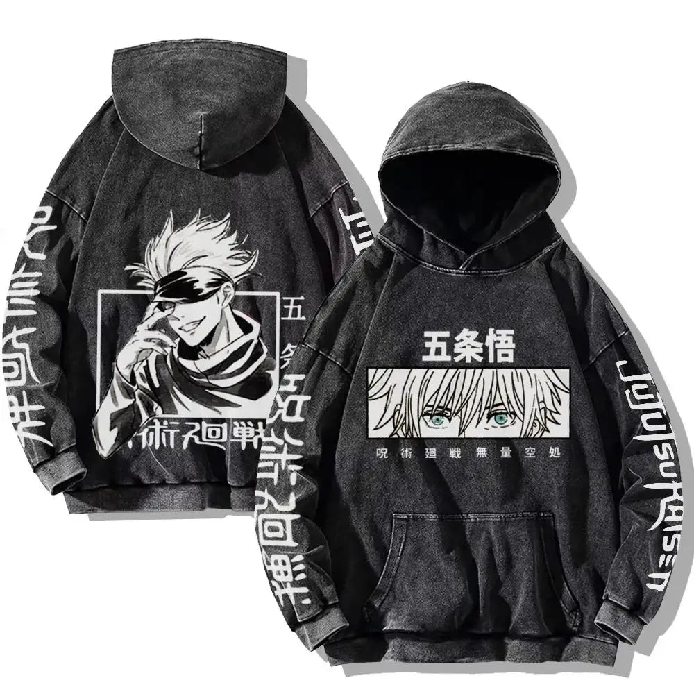 Jujutsu Kaisen Print Distressed Men Cotton Hooded Japan Cartoon Y2K Autumn Long Sleeve Black Hoodie Plain Oversized Men Clothing
