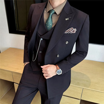 High-end men's fashionable, cool and casual dark striped woven high-end double-breasted suit three-piece suit