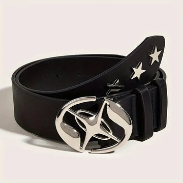 New Luxury Women's Belt Fashion Classic Star Shaped Hollow-Out Oval Buckle Design Black Faux Leather Casual Men's Belt Plus Size