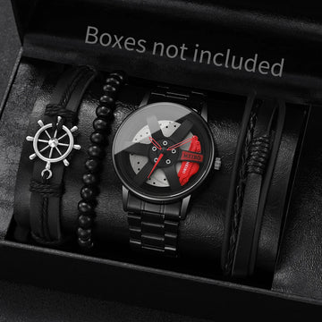 4PCS/Set Luxury Men Watches Fashion 3d Car Wheel Men Sports Watch Stainless Steel Quartz Watch for Men Bracelets（Without Box）