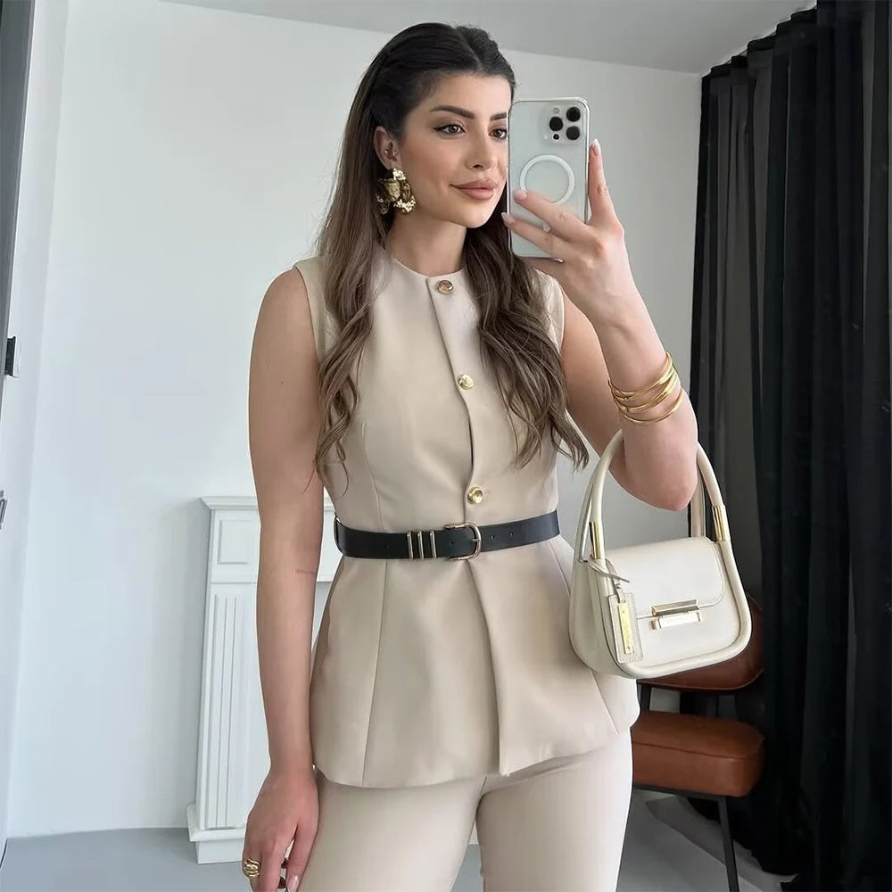 women's waistband vest round neck buckle decoration spring new product casual women's clothing