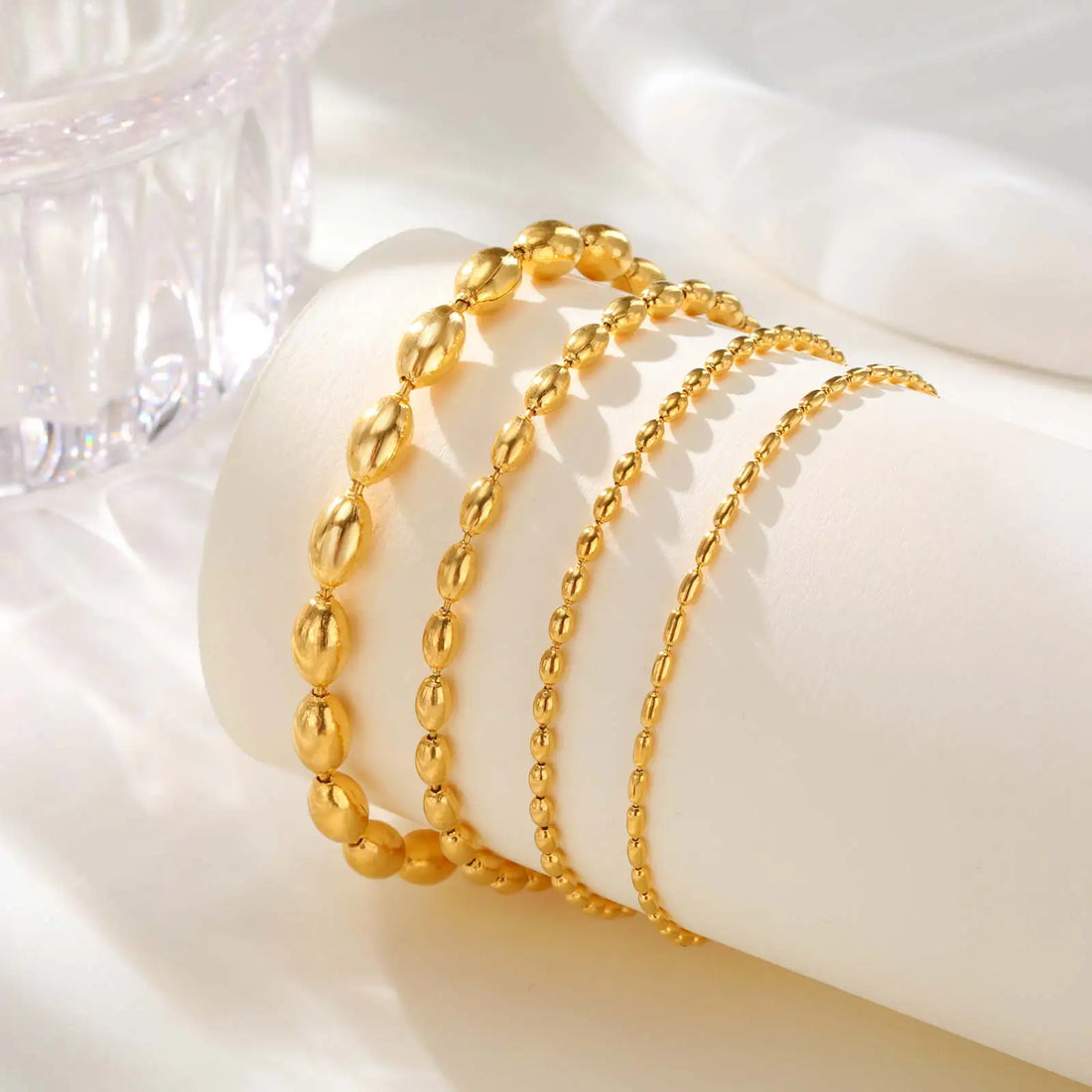 Beaed Ball Anklet Bracelet for Women, Waterproof Adjustable Link, 3mm 5mm Stainless Steel Stackable Gold Plated Anklet Jewelry