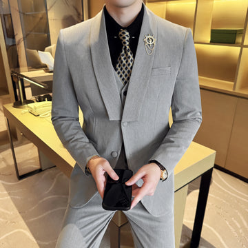 High-quality men's fashionable, cool and trendy British-style business casual suit with a green collar, wedding dress suit set